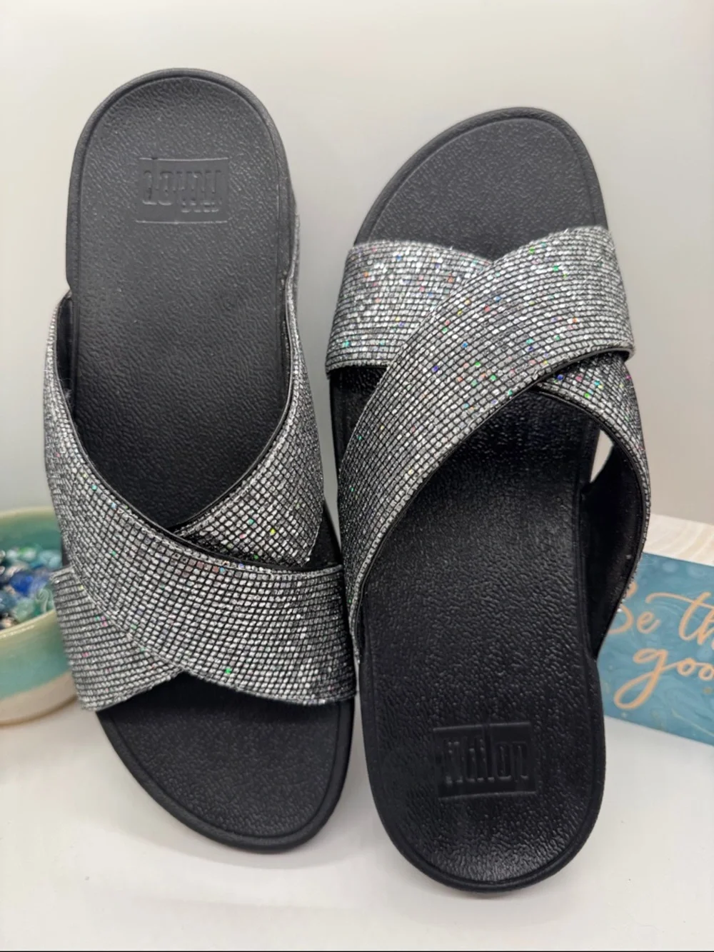 Fitflop LuLu, Black Iridescent Crystal Cross-Band Slides - Picture 4 of 9